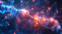 Vibrant cosmic energy burst with glowing blue and red nebula clouds, electric lightning streaks and luminous particles in deep space. Abstract galaxy background.