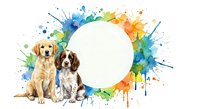 Two adorable puppies sitting together surrounded by vibrant watercolor paint splashes creating colorful frame with white circle space for text or design.