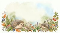 Hedgehog and baby surrounded by wildflowers, berries, and foliage in watercolor style, isolated on white background for nursery decor, children's book illustration, greeting cards, and fabric design.