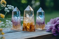 Mystical crystal towers with gradient colors from blue to amber, surrounded by delicate flowers on wooden surface, creating magical healing atmosphere.