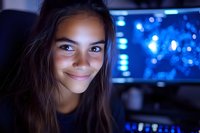 Young Hispanic woman smiling at camera in dark room illuminated by blue computer screens and monitors, creating modern tech atmosphere and digital lifestyle mood.