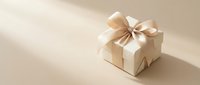Elegant gift box wrapped in cream paper with a satin ribbon bow on a beige background, soft shadows, minimalist luxury style for holidays.