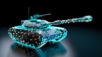 Futuristic military tank with glowing cyan wireframe and polygon mesh design on dark background, representing digital warfare technology.