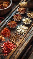 Variety of dried chili peppers, mushrooms and spices in wooden bowls and on rustic wooden surface. Vibrant red chilies and earthy ingredients for Asian cuisine.