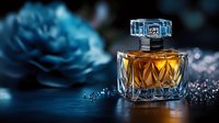 Luxury amber perfume bottle with crystal cut design on dark elegant surface with blue roses and sparkling decorative elements for premium fragrance advertising.