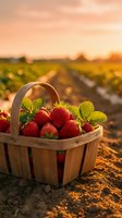 Fresh ripe strawberries in wooden basket at sunset on farm field. Organic fruit harvest concept for healthy eating and agriculture marketing.
