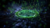 Glowing green digital circle with matrix-style data streams and particles on dark background creates futuristic cybersecurity visualization. Suitable for tech presentations.