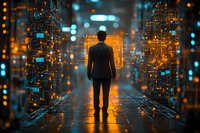 Businessman standing in futuristic digital environment with glowing circuit patterns and orange light portal, representing technology transformation and artificial intelligence.