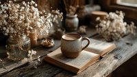 Cozy morning scene with ceramic coffee mug on open book surrounded by delicate white flowers on rustic wooden table creating warm peaceful atmosphere.