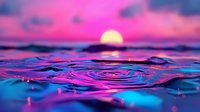 Vibrant water ripples at sunset with pink and blue reflections creating concentric circles on liquid surface against glowing sun and dramatic sky.