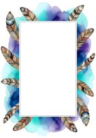 Watercolor feather frame with turquoise and purple ink wash border, isolated on white background. Ready for design use on invitations, posters, and greeting cards.