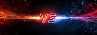 Glowing red and blue energy collision with versus symbol on dark background for competition or battle concept.