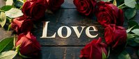 Red roses arranged in a heart shape around golden Love text on rustic dark wooden background, romantic Valentine's Day concept.