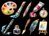 Artist supplies collection with watercolor palette, brushes, paint tubes, compass, ink bottle, feather quill, and easel on transparent background. Ready for design use on t-shirts, clipart, stickers, print-on-demand products, and sublimation projects.