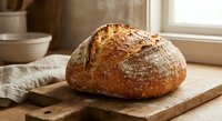 Freshly baked artisan sourdough bread loaf on wooden cutting board in rustic kitchen setting with natural window light for bakery and cooking concepts.