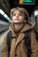 Young boy with backpack looking up curiously in modern airport terminal, wearing brown winter coat. Travel, family vacation, childhood wonder and exploration concept.