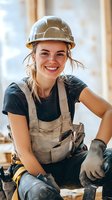 Young female construction worker in hardhat and overalls smiling at construction site. Positive representation of women in trades and building industry.