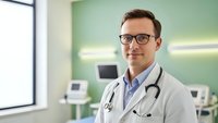 Professional male doctor with glasses and stethoscope smiling confidently in modern medical office with green walls and equipment for healthcare marketing.