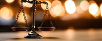 Scales of justice on blurred warm bokeh background, symbol of law and legal system, attorney services concept for business and social media banners.