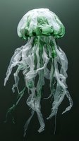 Plastic bags and bottles transformed into jellyfish sculpture highlighting ocean pollution and environmental awareness against dark green background.