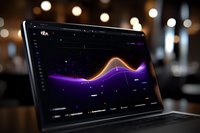 Laptop screen displaying analytics dashboard with glowing purple and orange data visualization graph against dark background with bokeh lights.