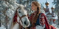 Young Slavic woman in traditional folk costume with white horse in snowy winter forest setting. Cultural heritage and folklore concept for seasonal designs.