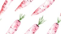 Watercolor pink carrots with green leaves on white background, seamless pattern design for fabric, wallpaper, and wrapping paper. Pattern repeats seamlessly.