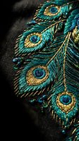 Intricate peacock feather embroidery with vibrant turquoise and gold threads on dark fabric showcasing detailed needlework and ornate textile craftsmanship.