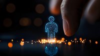 Glowing blue hologram figure with human finger interaction against dark background with bokeh lights creating magical atmosphere and reflection.