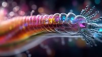 Futuristic abstract visualization of quantum computing or artificial intelligence with glowing energy waves and crystalline structures in pink and blue tones.