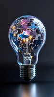 Light bulb with glowing puzzle pieces forming globe shape against dark background, symbolizing creative solutions and innovative thinking in business concepts.