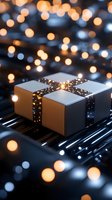 Elegant white gift box with sparkling black ribbon on reflective surface surrounded by magical golden bokeh lights creating festive holiday atmosphere.