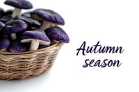Purple mushrooms in wicker basket with autumn season text on white background for seasonal cooking and harvest themes.