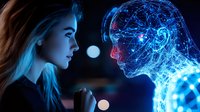 Young woman facing digital hologram head with glowing neural network pattern in dark blue neon lighting, representing artificial intelligence and human interaction.