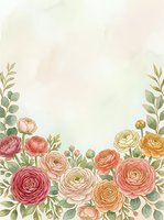 Watercolor ranunculus flowers frame with soft pastel background for wedding invitations and greeting cards.