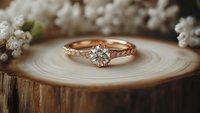 Rose gold engagement ring with round brilliant diamond and delicate pavé band displayed on wooden slice with white flowers in soft focus background.