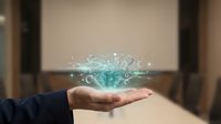 Young adult male hand holding glowing digital brain hologram with neural network connections, representing artificial intelligence, technology innovation, and futuristic computing solutions.