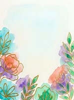 Watercolor floral frame with gold leaf accents featuring blooming flowers and botanical leaves in soft pastels, isolated on white background for design projects.