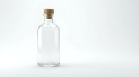 Empty clear glass bottle with cork stopper on white background, isolated for product mockup and packaging design projects.