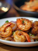 Sautéed shrimp with caramelized onions and green peppers on white plate, close-up view showing juicy texture and glazed finish of stir-fried seafood dish.