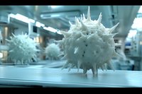 White spiky virus cell structure in laboratory environment with blurred background showing multiple specimens, medical research concept for healthcare and science studies.