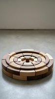 Wooden circular puzzle with interlocking pieces arranged in concentric rings on concrete floor, showcasing craftsmanship and problem-solving design.