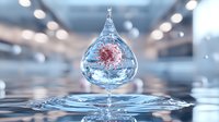 Frozen moment of water drop impact creating crown splash with pink organic particle suspended inside crystal clear droplet against blurred background.