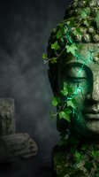 Ancient stone Buddha statue covered with green ivy and moss in atmospheric lighting for meditation and spiritual wellness concepts.