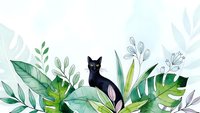 Black cat sitting among tropical leaves and plants in watercolor style botanical illustration for home decor and nature designs.