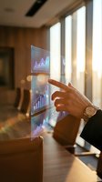 Man in business attire pointing at holographic display showing financial charts and graphs in modern office with sunlight streaming through windows for data analysis and technology concepts.