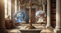 Antique brass balance scale weighing artificial intelligence brain against ethics book in classical library setting with warm sunlight streaming through windows.