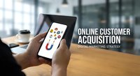 Businessman using tablet for online customer acquisition and digital marketing strategy in modern office environment with coffee cup on wooden desk.