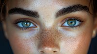 Close up portrait showing bright green eyes and natural freckles on young woman's face against dark background, emphasizing natural beauty and facial features.