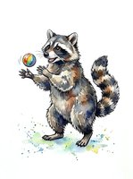 Playful raccoon juggling a colorful ball, standing upright with watercolor splashes on white background. Isolated clipart for children's designs, t-shirts, and creative projects.